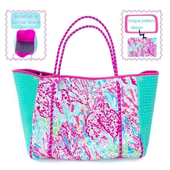 new lily pink CORAL REEF waterproof neoprene tote light resort travel beach bag - Picture 2 of 16